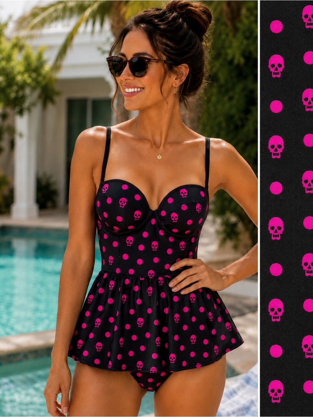 Torrid Swimdress Swimsuit Size 1 Black Pink Skull Print Underwire One Piece